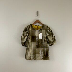 English Factory Sequins Puff Sleeve Gingham Top in Navy/Yellow Size Medium